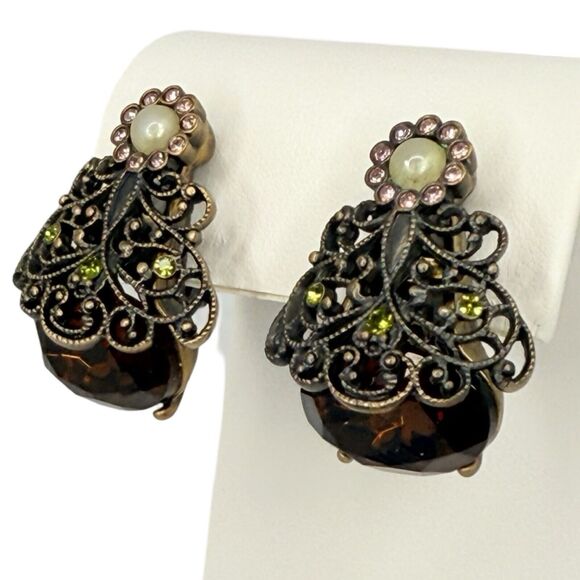 Hobe Crystal Filagree Clip On Earrings 2" Signed Legendary Splendor Jewels - Picture 8 of 15